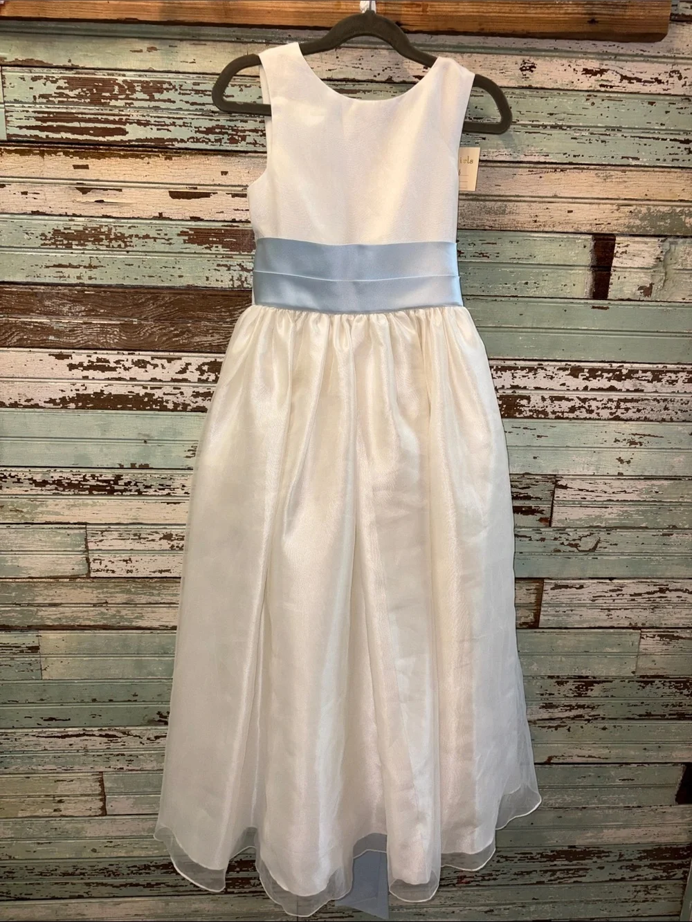 Girls White Satin Organza Dress with Light Blue Sash